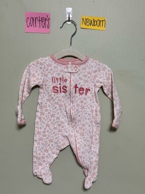 NWOT Carter's Pink Floral "Little Sister" One Piece Zip Up Footies, Newborn